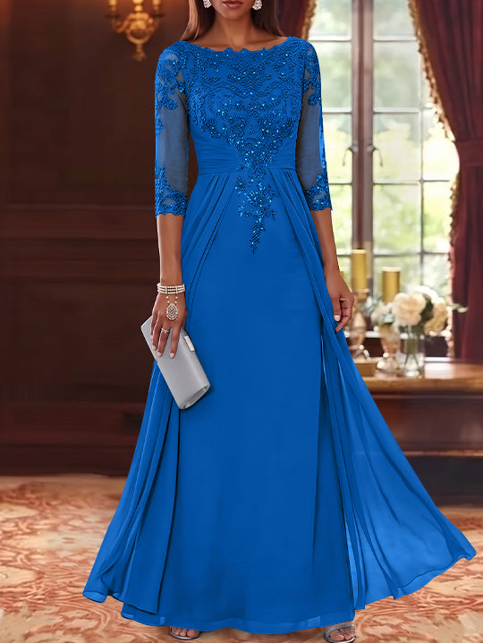 A-Line/Princess Scoop Chiffon Mother of the Bride Dresses with Overskirt Lace Sequins 3/4 Sleeves Floor-Length