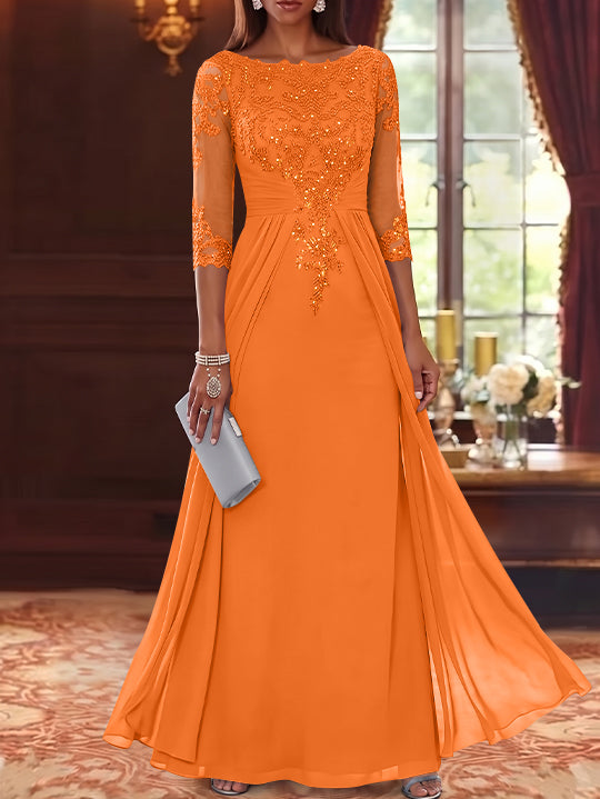A-Line/Princess Scoop Chiffon Mother of the Bride Dresses with Overskirt Lace Sequins 3/4 Sleeves Floor-Length