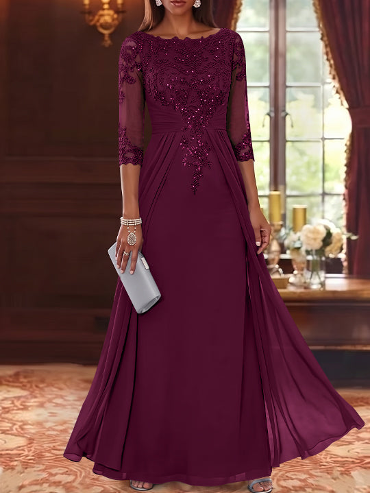 A-Line/Princess Scoop Chiffon Mother of the Bride Dresses with Overskirt Lace Sequins 3/4 Sleeves Floor-Length