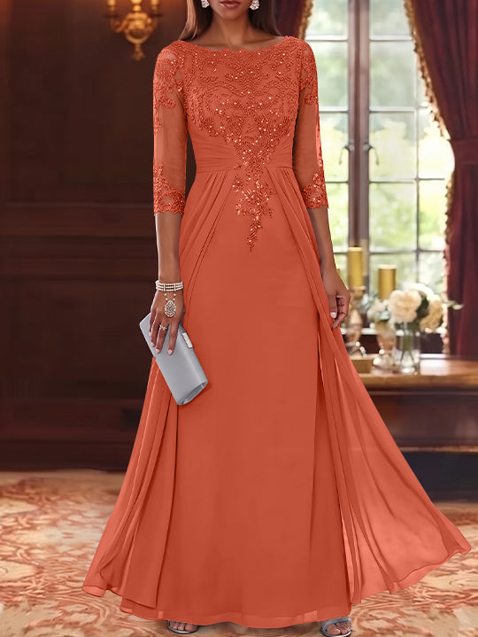 A-Line/Princess Scoop Chiffon Mother of the Bride Dresses with Overskirt Lace Sequins 3/4 Sleeves Floor-Length