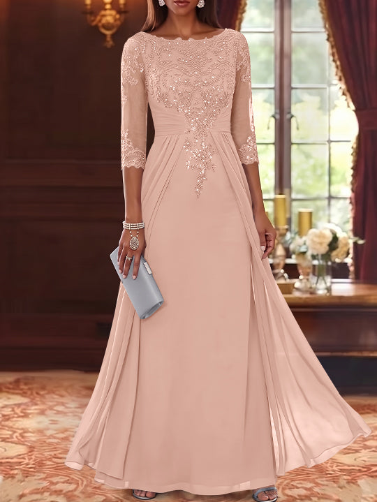 A-Line/Princess Scoop Chiffon Mother of the Bride Dresses with Overskirt Lace Sequins 3/4 Sleeves Floor-Length