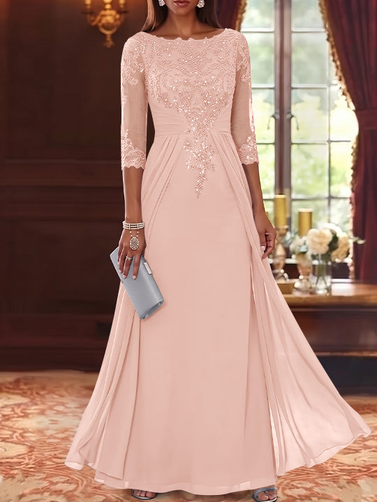 A-Line/Princess Scoop Chiffon Mother of the Bride Dresses with Overskirt Lace Sequins 3/4 Sleeves Floor-Length