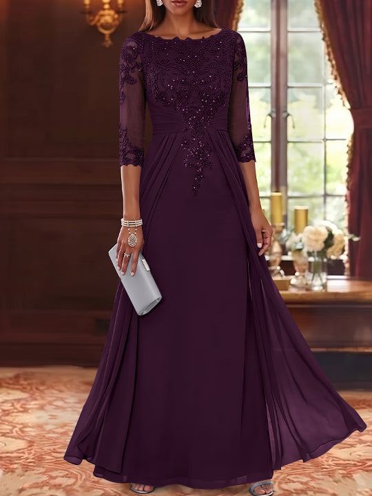 A-Line/Princess Scoop Chiffon Mother of the Bride Dresses with Overskirt Lace Sequins 3/4 Sleeves Floor-Length