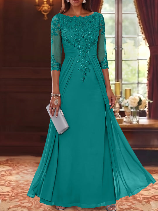 A-Line/Princess Scoop Chiffon Mother of the Bride Dresses with Overskirt Lace Sequins 3/4 Sleeves Floor-Length