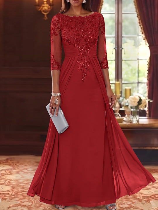 A-Line/Princess Scoop Chiffon Mother of the Bride Dresses with Overskirt Lace Sequins 3/4 Sleeves Floor-Length