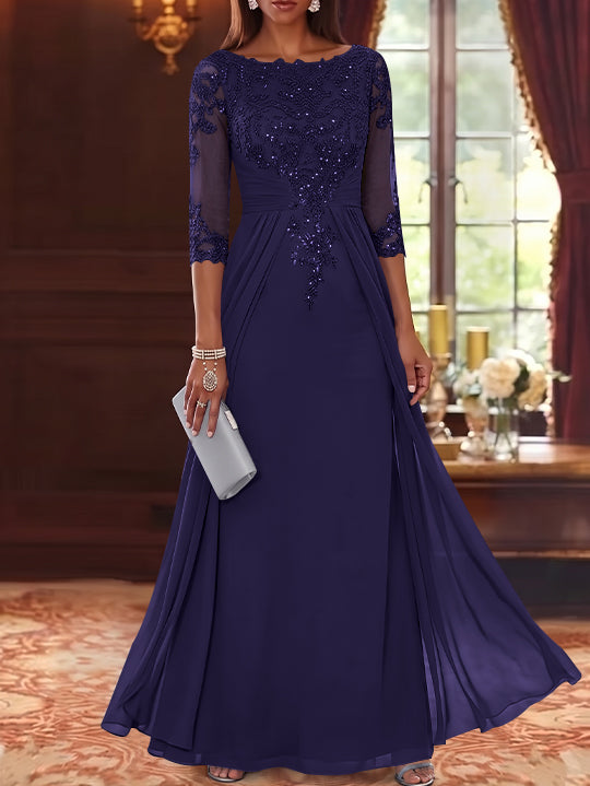 A-Line/Princess Scoop Chiffon Mother of the Bride Dresses with Overskirt Lace Sequins 3/4 Sleeves Floor-Length