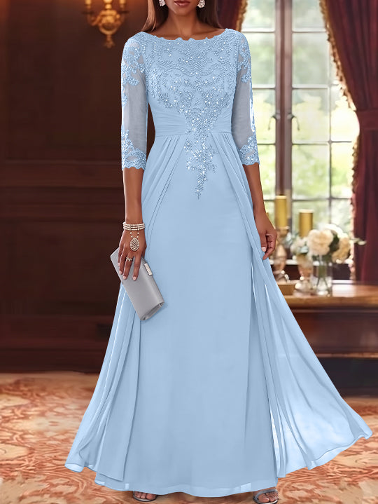 A-Line/Princess Scoop Chiffon Mother of the Bride Dresses with Overskirt Lace Sequins 3/4 Sleeves Floor-Length