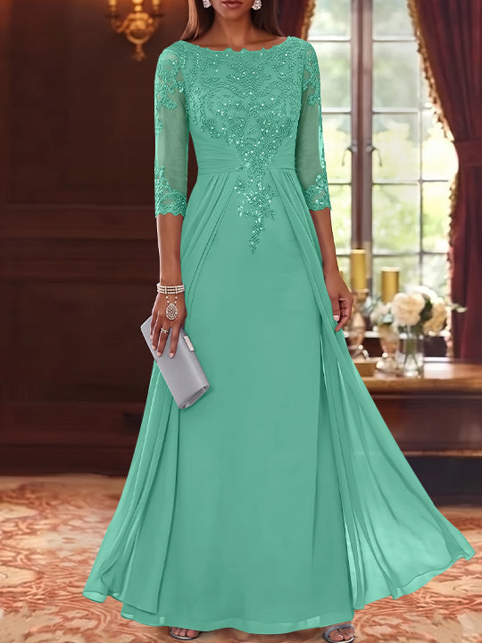 A-Line/Princess Scoop Chiffon Mother of the Bride Dresses with Overskirt Lace Sequins 3/4 Sleeves Floor-Length