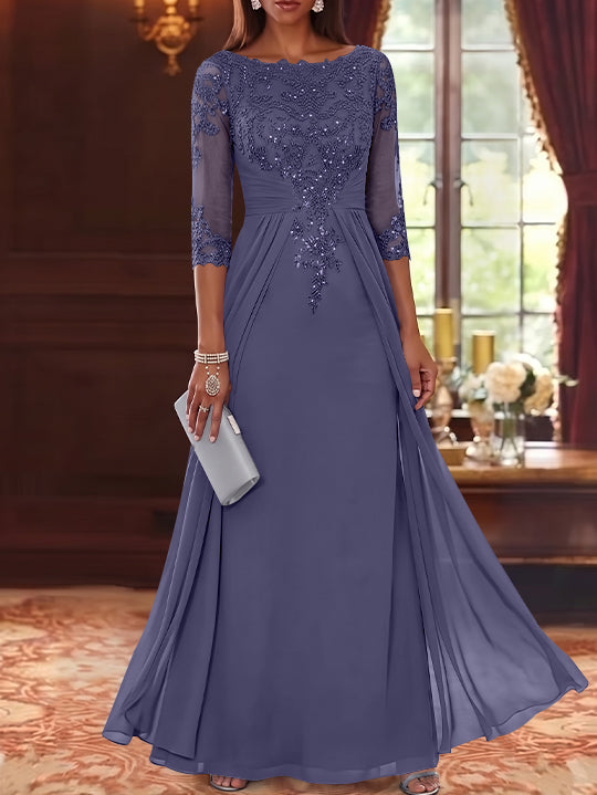 A-Line/Princess Scoop Chiffon Mother of the Bride Dresses with Overskirt Lace Sequins 3/4 Sleeves Floor-Length