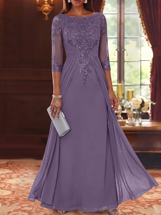 A-Line/Princess Scoop Chiffon Mother of the Bride Dresses with Overskirt Lace Sequins 3/4 Sleeves Floor-Length