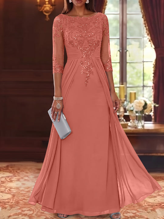 A-Line/Princess Scoop Chiffon Mother of the Bride Dresses with Overskirt Lace Sequins 3/4 Sleeves Floor-Length