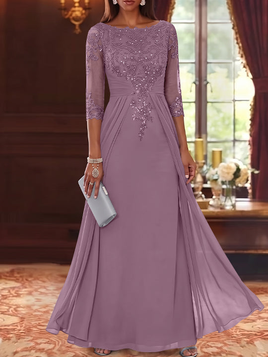A-Line/Princess Scoop Chiffon Mother of the Bride Dresses with Overskirt Lace Sequins 3/4 Sleeves Floor-Length