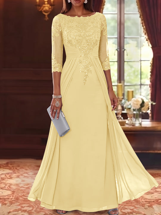A-Line/Princess Scoop Chiffon Mother of the Bride Dresses with Overskirt Lace Sequins 3/4 Sleeves Floor-Length