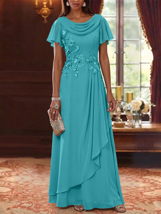 A-Line/Princess Cowl Neck Chiffon Mother of the Bride Dresses Floral Short Sleeves Floor-Length Ruffles