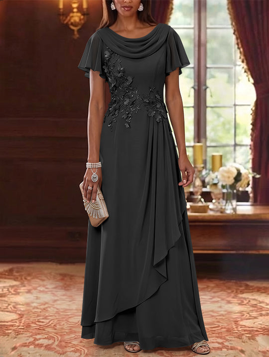 A-Line/Princess Cowl Neck Chiffon Mother of the Bride Dresses Floral Short Sleeves Floor-Length Ruffles