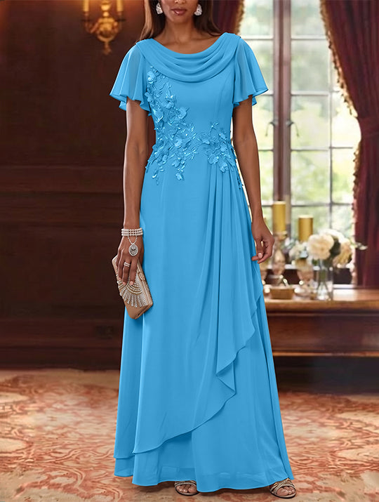 A-Line/Princess Cowl Neck Chiffon Mother of the Bride Dresses Floral Short Sleeves Floor-Length Ruffles