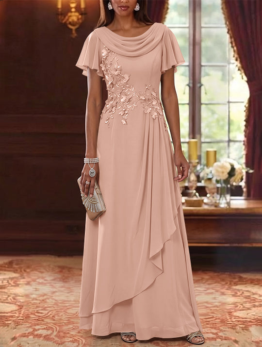 A-Line/Princess Cowl Neck Chiffon Mother of the Bride Dresses Floral Short Sleeves Floor-Length Ruffles