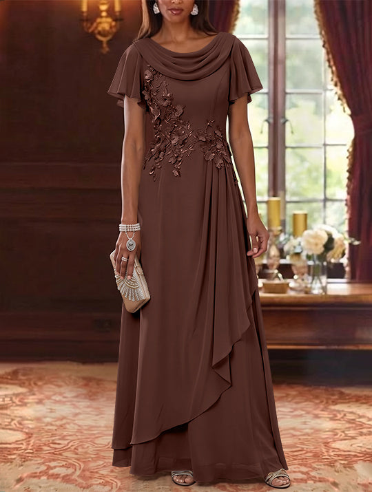 A-Line/Princess Cowl Neck Chiffon Mother of the Bride Dresses Floral Short Sleeves Floor-Length Ruffles