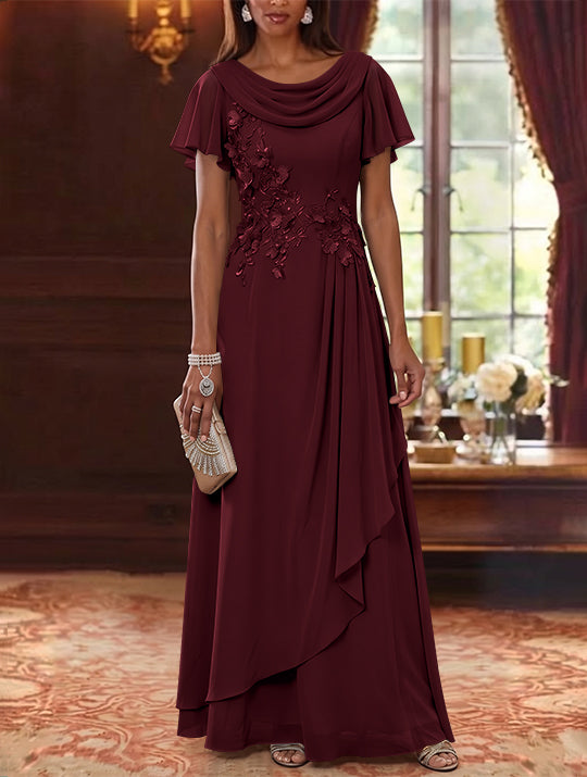 A-Line/Princess Cowl Neck Chiffon Mother of the Bride Dresses Floral Short Sleeves Floor-Length Ruffles