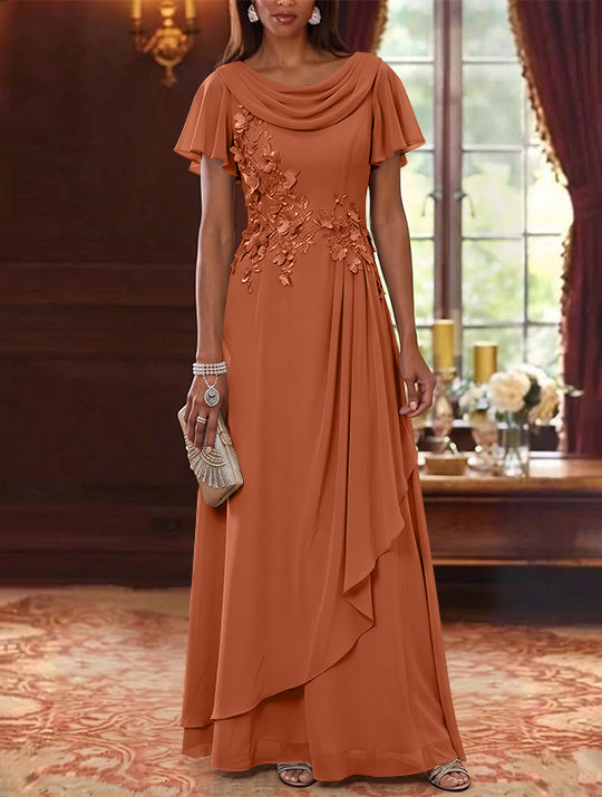 A-Line/Princess Cowl Neck Chiffon Mother of the Bride Dresses Floral Short Sleeves Floor-Length Ruffles