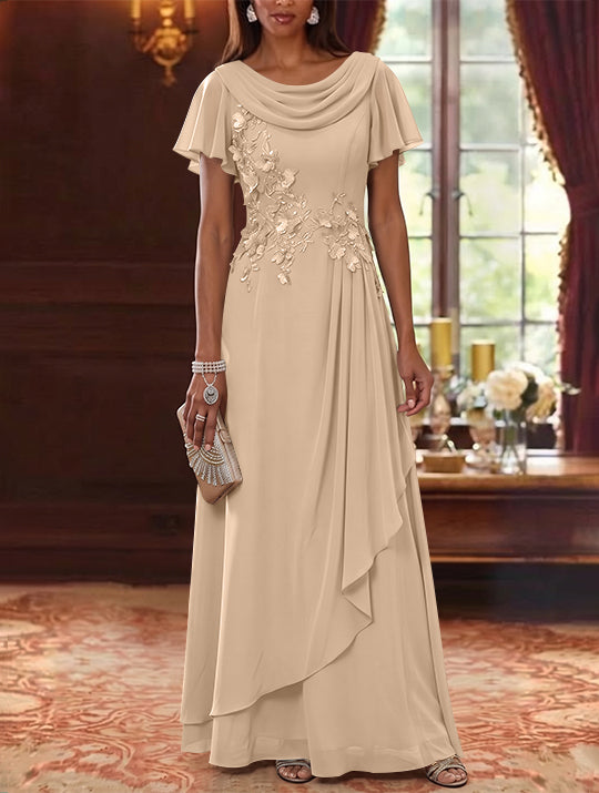 A-Line/Princess Cowl Neck Chiffon Mother of the Bride Dresses Floral Short Sleeves Floor-Length Ruffles