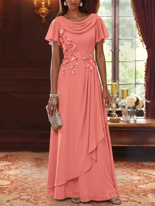A-Line/Princess Cowl Neck Chiffon Mother of the Bride Dresses Floral Short Sleeves Floor-Length Ruffles