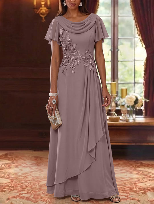 A-Line/Princess Cowl Neck Chiffon Mother of the Bride Dresses Floral Short Sleeves Floor-Length Ruffles