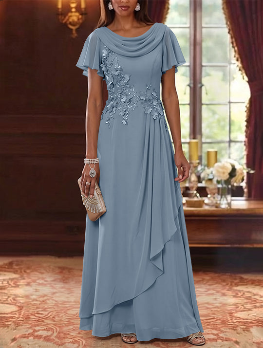 A-Line/Princess Cowl Neck Chiffon Mother of the Bride Dresses Floral Short Sleeves Floor-Length Ruffles