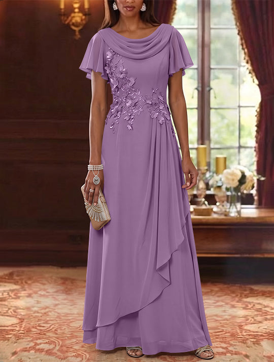 A-Line/Princess Cowl Neck Chiffon Mother of the Bride Dresses Floral Short Sleeves Floor-Length Ruffles