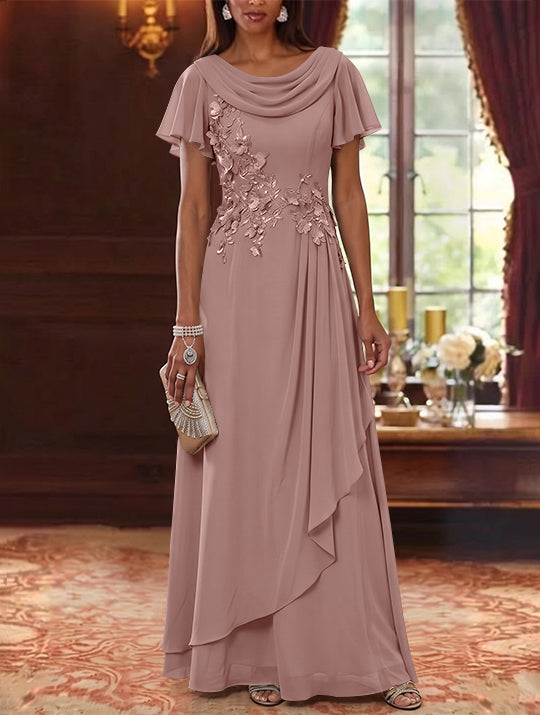 A-Line/Princess Cowl Neck Chiffon Mother of the Bride Dresses Floral Short Sleeves Floor-Length Ruffles