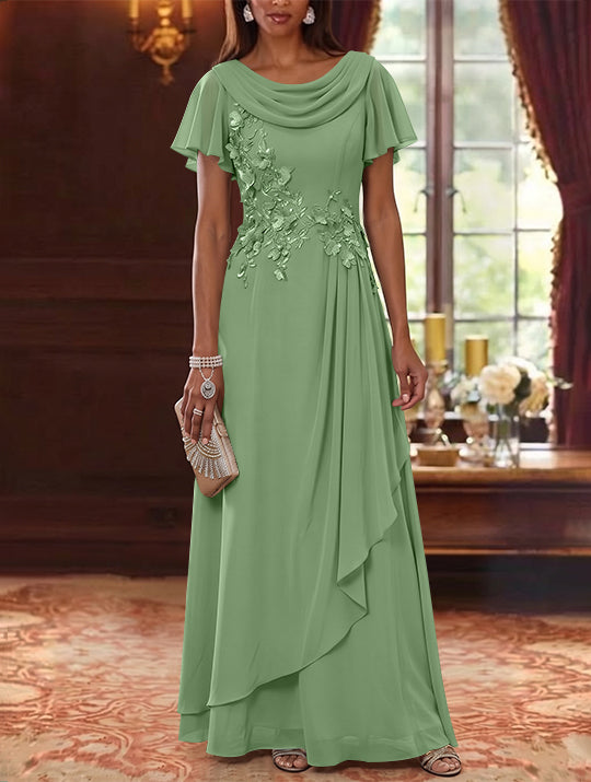 A-Line/Princess Cowl Neck Chiffon Mother of the Bride Dresses Floral Short Sleeves Floor-Length Ruffles
