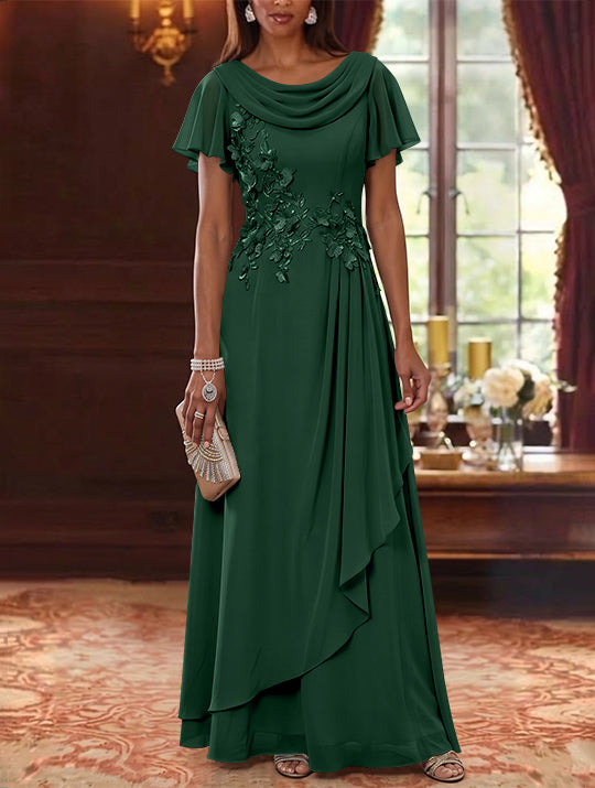 A-Line/Princess Cowl Neck Chiffon Mother of the Bride Dresses Floral Short Sleeves Floor-Length Ruffles