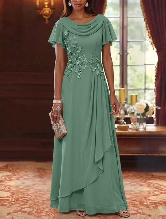 A-Line/Princess Cowl Neck Chiffon Mother of the Bride Dresses Floral Short Sleeves Floor-Length Ruffles