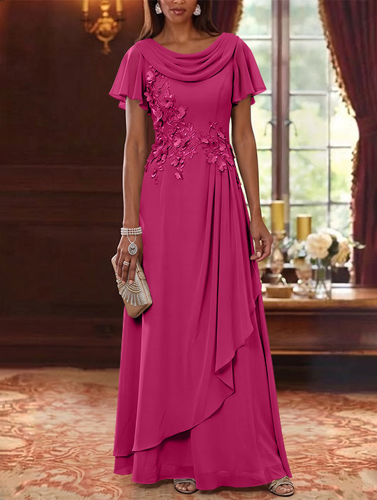 A-Line/Princess Cowl Neck Chiffon Mother of the Bride Dresses Floral Short Sleeves Floor-Length Ruffles
