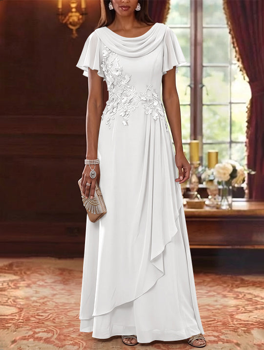 A-Line/Princess Cowl Neck Chiffon Mother of the Bride Dresses Floral Short Sleeves Floor-Length Ruffles