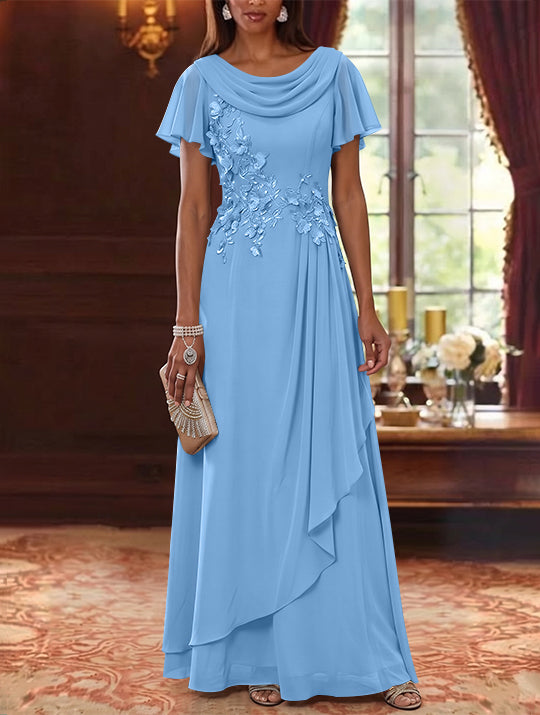 A-Line/Princess Cowl Neck Chiffon Mother of the Bride Dresses Floral Short Sleeves Floor-Length Ruffles
