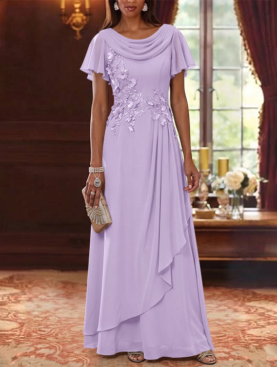 A-Line/Princess Cowl Neck Chiffon Mother of the Bride Dresses Floral Short Sleeves Floor-Length Ruffles