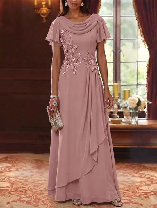 A-Line/Princess Cowl Neck Chiffon Mother of the Bride Dresses Floral Short Sleeves Floor-Length Ruffles