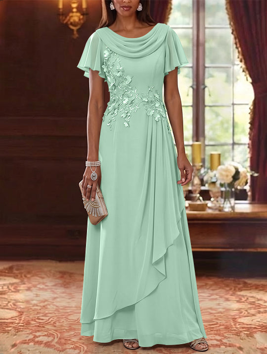 A-Line/Princess Cowl Neck Chiffon Mother of the Bride Dresses Floral Short Sleeves Floor-Length Ruffles