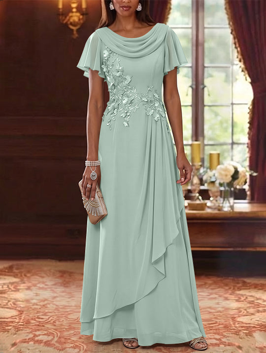 A-Line/Princess Cowl Neck Chiffon Mother of the Bride Dresses Floral Short Sleeves Floor-Length Ruffles