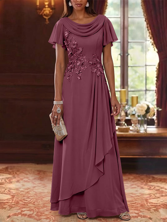 A-Line/Princess Cowl Neck Chiffon Mother of the Bride Dresses Floral Short Sleeves Floor-Length Ruffles