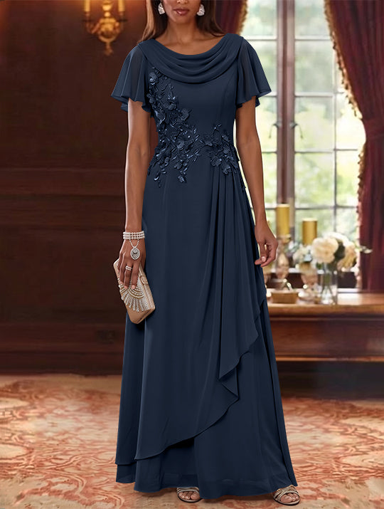 A-Line/Princess Cowl Neck Chiffon Mother of the Bride Dresses Floral Short Sleeves Floor-Length Ruffles
