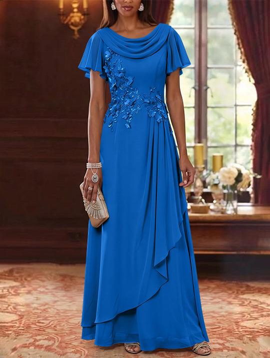 A-Line/Princess Cowl Neck Chiffon Mother of the Bride Dresses Floral Short Sleeves Floor-Length Ruffles