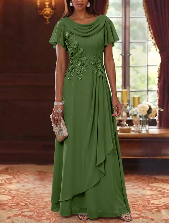 A-Line/Princess Cowl Neck Chiffon Mother of the Bride Dresses Floral Short Sleeves Floor-Length Ruffles