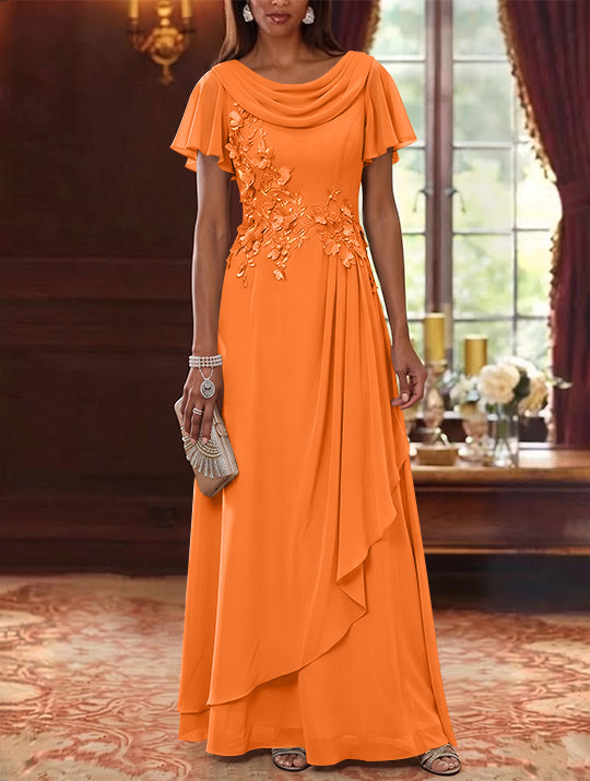 A-Line/Princess Cowl Neck Chiffon Mother of the Bride Dresses Floral Short Sleeves Floor-Length Ruffles