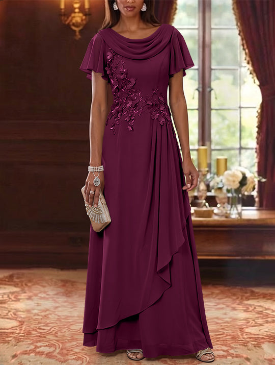 A-Line/Princess Cowl Neck Chiffon Mother of the Bride Dresses Floral Short Sleeves Floor-Length Ruffles