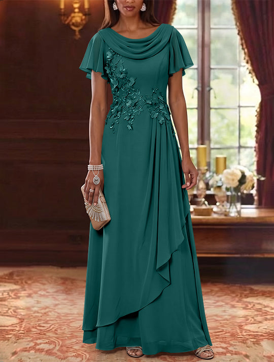 A-Line/Princess Cowl Neck Chiffon Mother of the Bride Dresses Floral Short Sleeves Floor-Length Ruffles