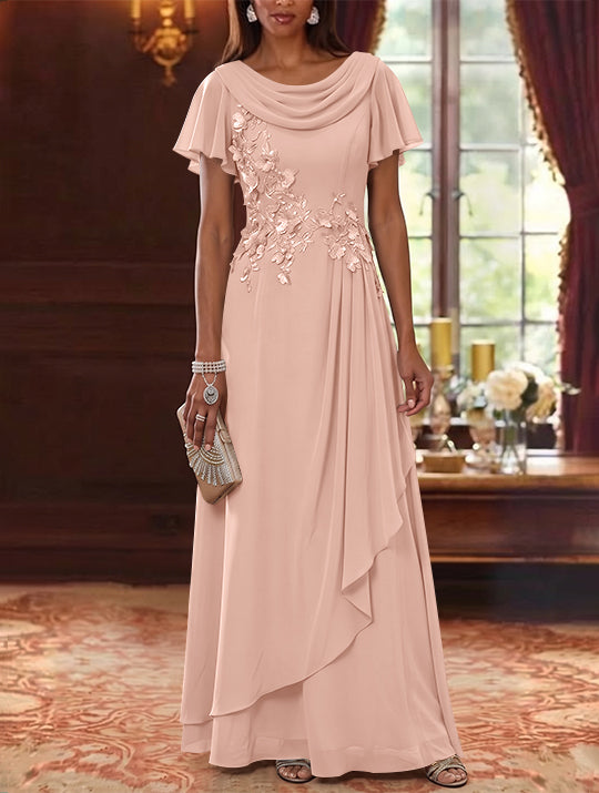 A-Line/Princess Cowl Neck Chiffon Mother of the Bride Dresses Floral Short Sleeves Floor-Length Ruffles