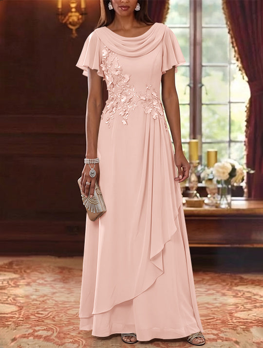 A-Line/Princess Cowl Neck Chiffon Mother of the Bride Dresses Floral Short Sleeves Floor-Length Ruffles