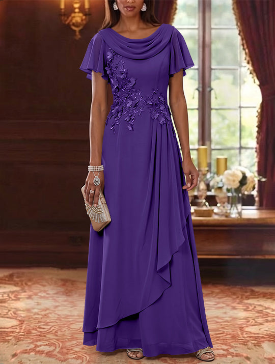 A-Line/Princess Cowl Neck Chiffon Mother of the Bride Dresses Floral Short Sleeves Floor-Length Ruffles
